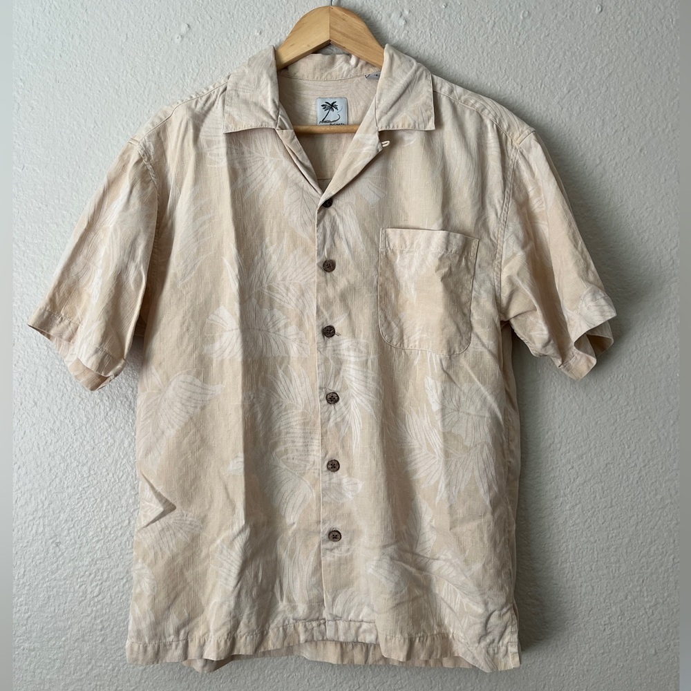 Brigata Silk Button Down Short Sleeve Shirt Men Medium Hawaiian Beige Tropical